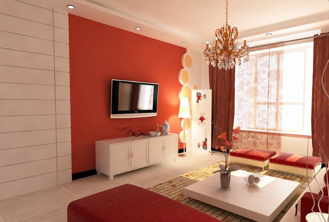 白色為主，點綴一些紅色電視背景墻