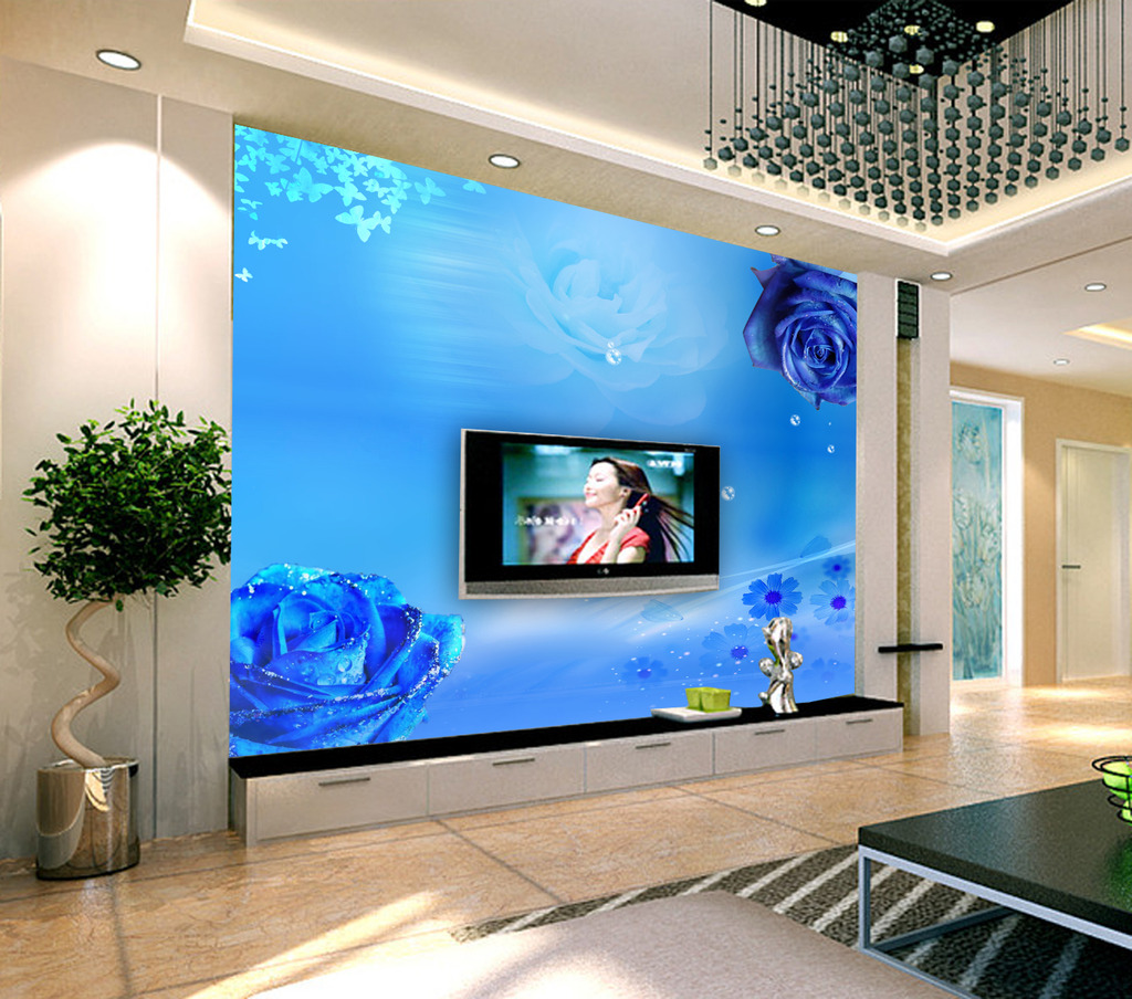 藍色、紫色液晶電視背景墻