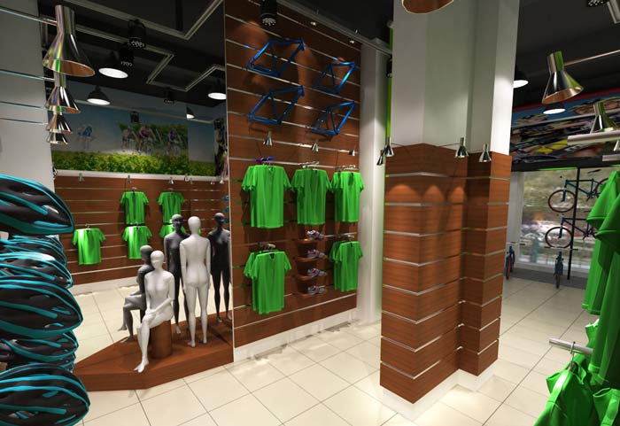潮流、時(shí)尚自行車店自行車衣物區(qū)域裝修設(shè)計(jì)案例效果圖