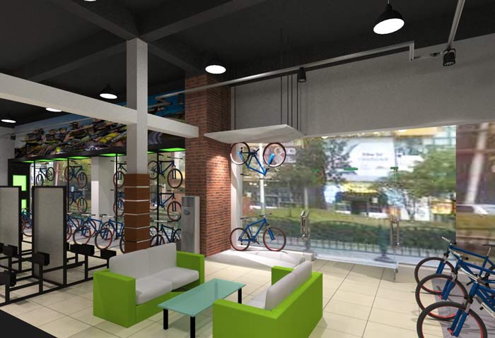 潮流、時(shí)尚自行車店休息區(qū)域裝修設(shè)計(jì)案例效果圖