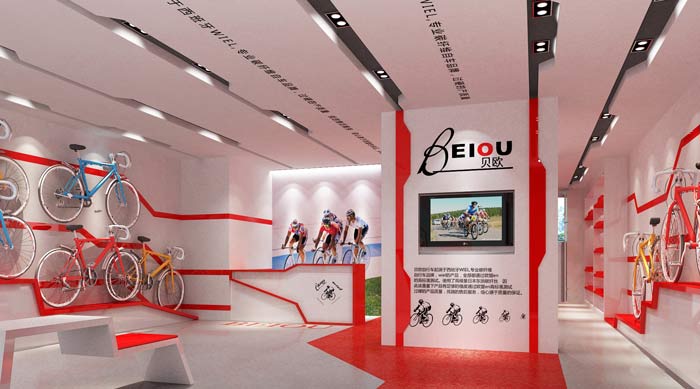貝歐自行車專賣店背景墻裝修設(shè)計案例效果圖