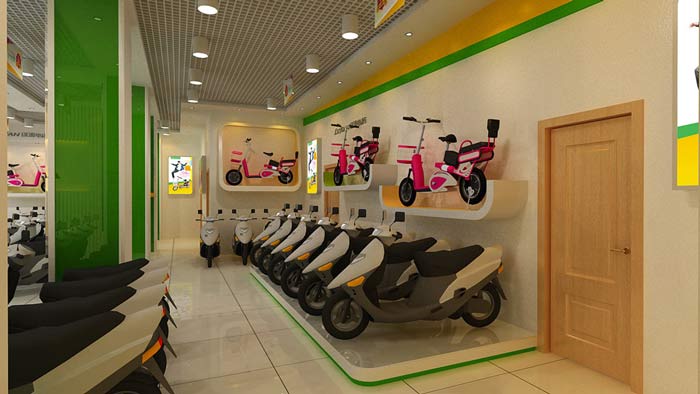 綠源電動車店鋪、店面電動車擺放區(qū)裝修設(shè)計案例效果圖