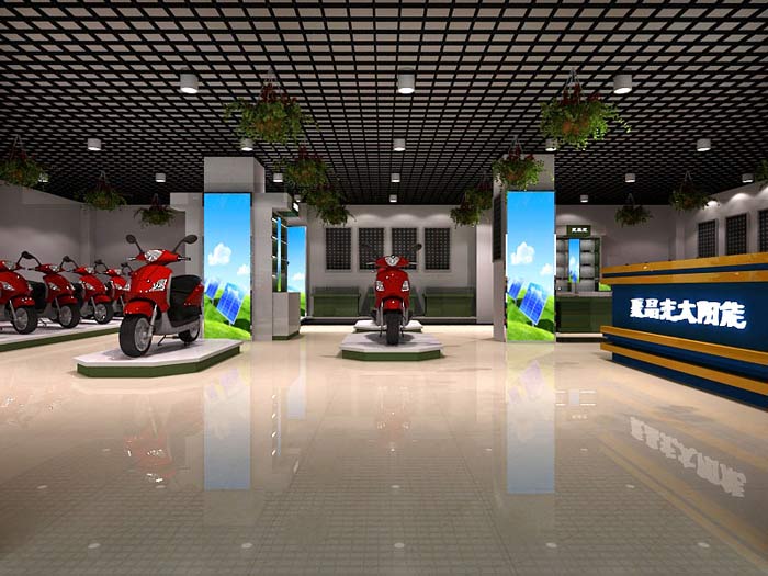 聚晶光太陽(yáng)能電動(dòng)車(chē)店面、店鋪前臺(tái)裝修設(shè)計(jì)案例效果圖