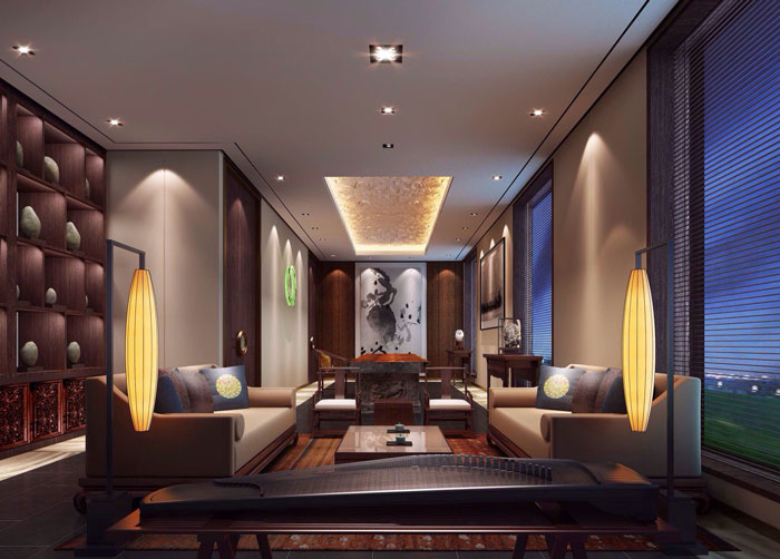 現(xiàn)代、中式混搭私人會所接待區(qū)域裝修設計案例效果圖