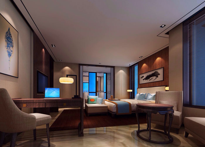 現(xiàn)代、中式混搭私人會所臥室裝修設計案例效果圖