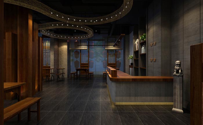 返璞歸真、回歸自然的健康飲食餐廳前臺大廳設(shè)計案例效果圖