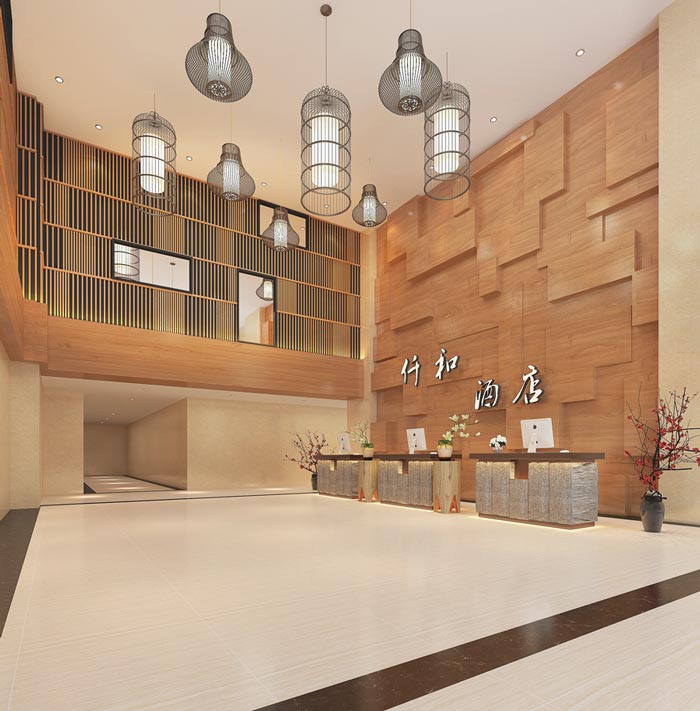 新中式主題酒店前臺裝修設(shè)計(jì)案例效果圖