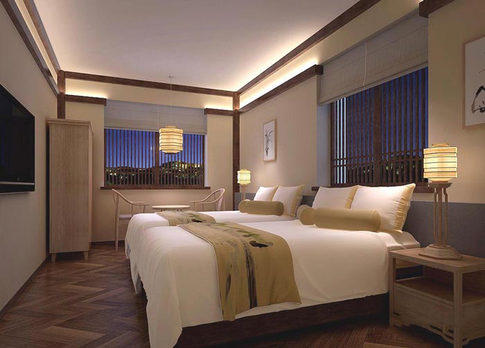 茶文化主題酒店雙人客房裝修設(shè)計案例效果圖