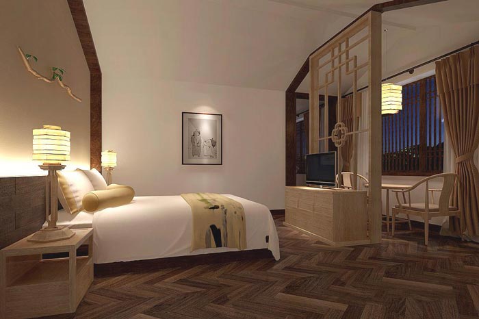 茶文化主題酒店單人客房裝修設(shè)計案例效果圖