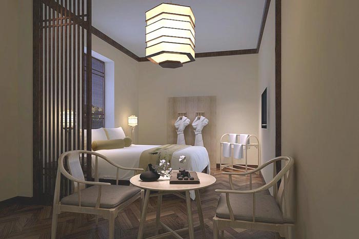 茶文化主題酒店單人套間裝修設(shè)計案例效果圖