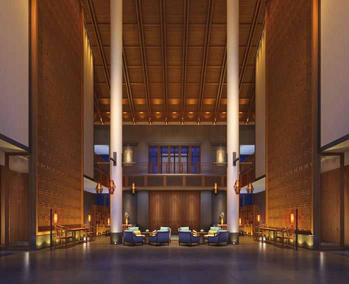 度假酒店大廳接待區(qū)域裝修設計案例效果圖