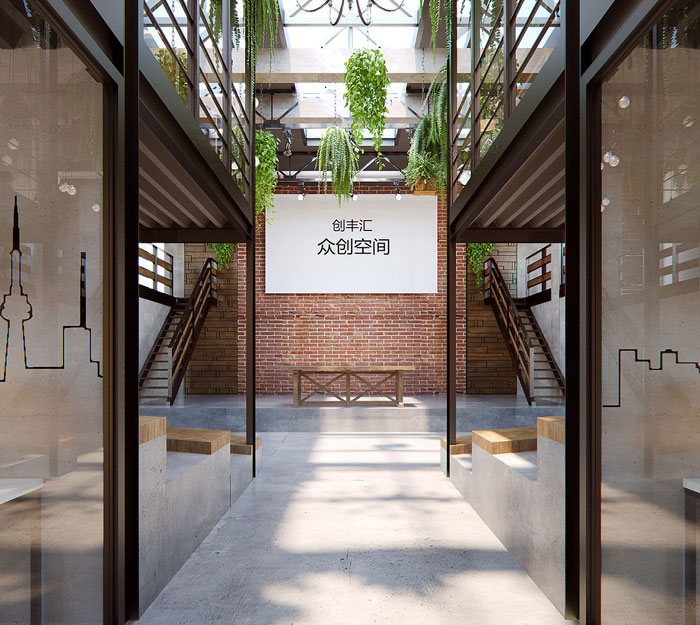 loft風(fēng)格眾創(chuàng)空間辦公室進門區(qū)裝修設(shè)計效果圖