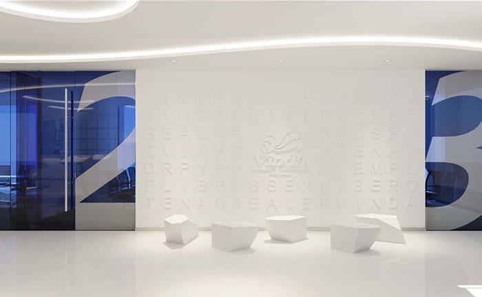 外貿(mào)公司辦公室產(chǎn)品墻裝修設(shè)計效果圖