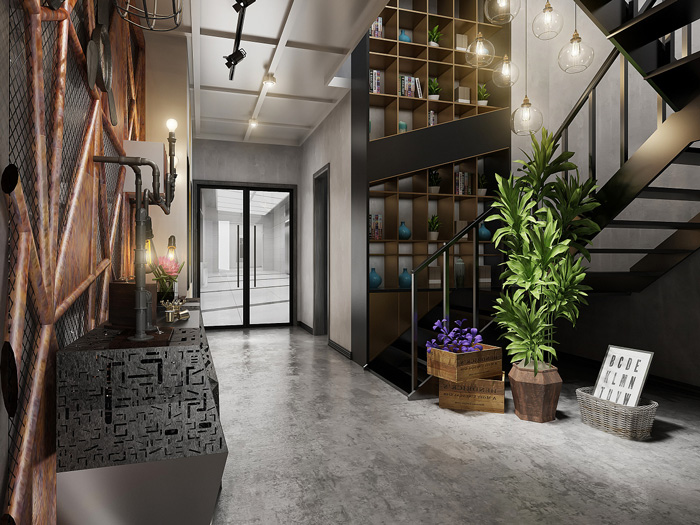 小型工業(yè)風辦公室進門區(qū)裝修設計效果圖