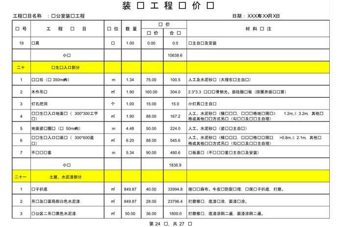 辦公室裝修費用預算表